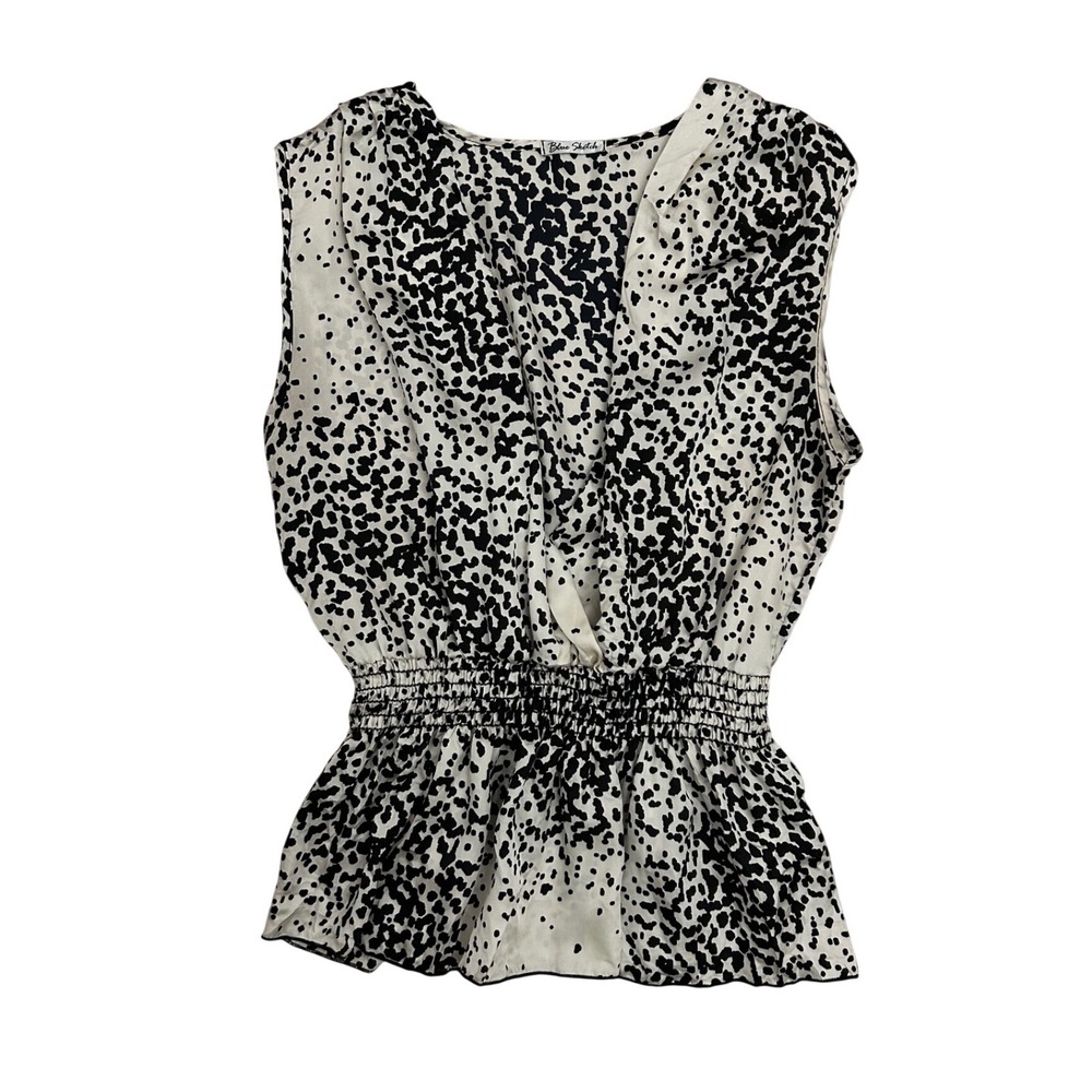 Vintage Black White Animal Print Smocked Peplum Blouse Top Medium Grunge party